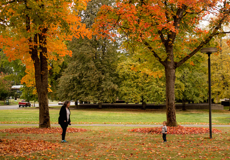 Fall mom and kid